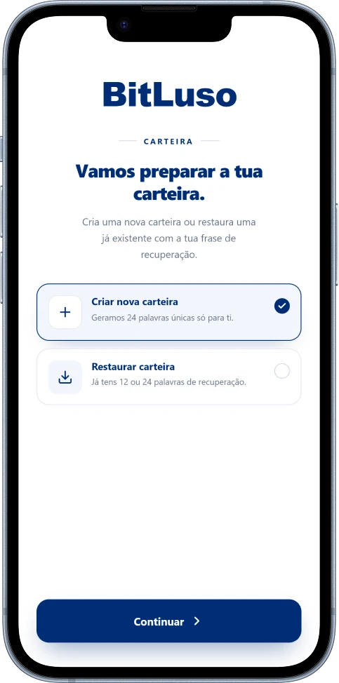 App BitLuso — criar ou restaurar carteira
